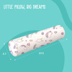 ADMIRAE baby bolster pillow with unicorn and rainbow pattern measuring 23.5 by 5.7 inches