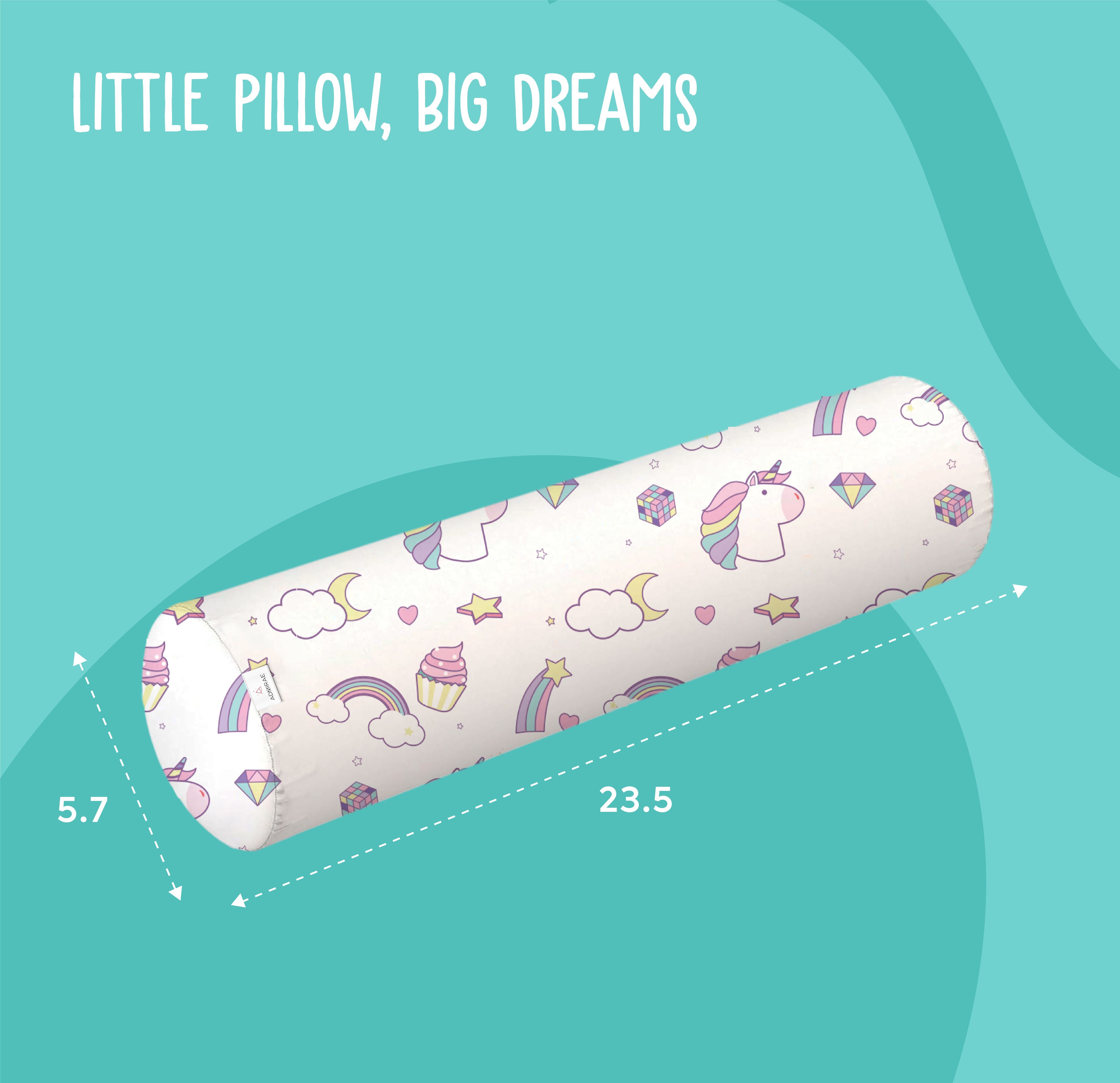 ADMIRAE baby bolster pillow with unicorn and rainbow pattern measuring 23.5 by 5.7 inches