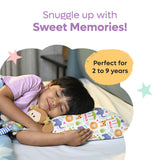 Child sleeping comfortably on colorful memory foam baby pillow with animal prints