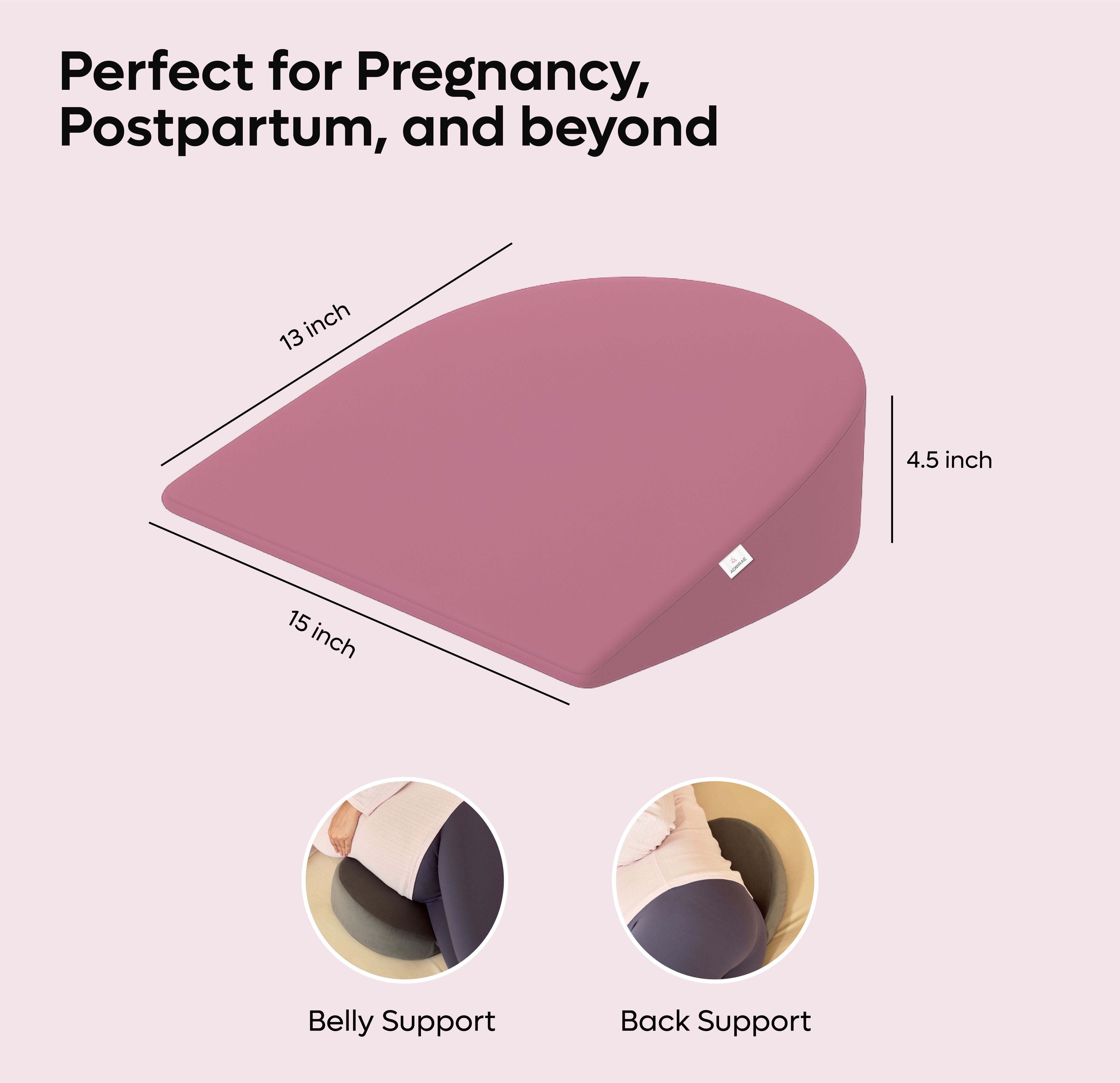 ADMIRAE memory foam pregnancy support pillow in pink providing belly and back support with 13 by 15 inch dimensions