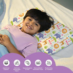 Child lying on a colorful memory foam baby pillow with animal prints providing ergonomic support and comfort