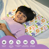Child lying on a colorful memory foam baby pillow with animal prints providing ergonomic support and comfort