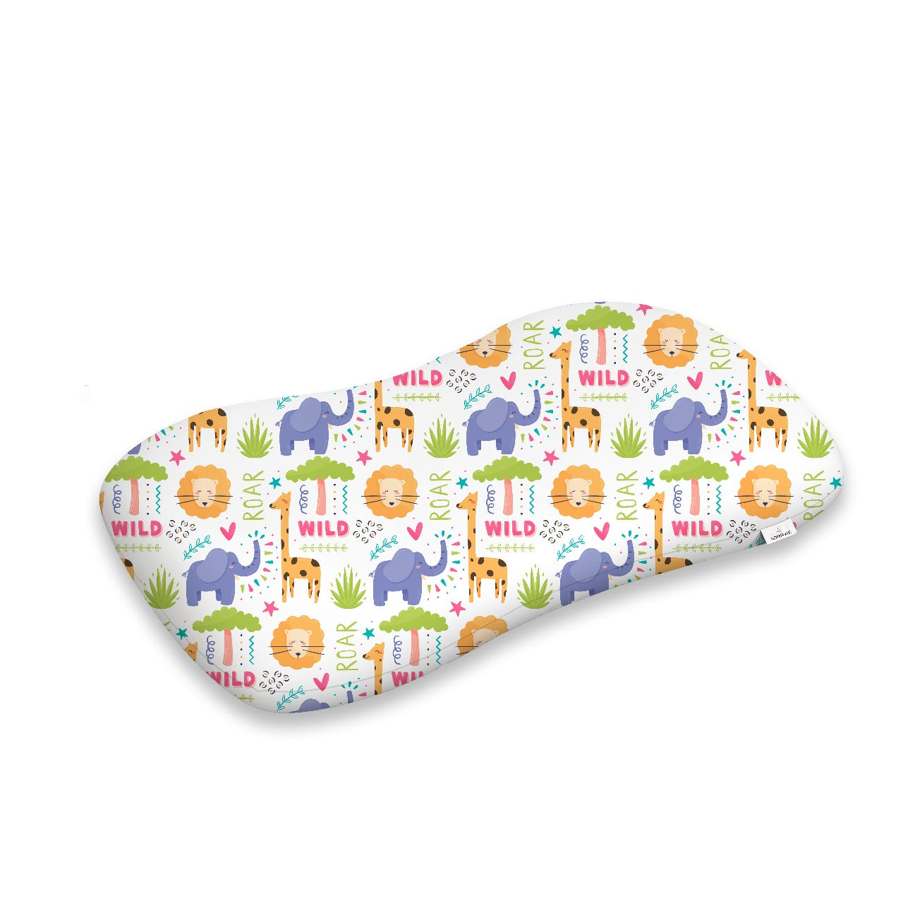 ADMIRAE memory foam baby pillow with colorful wild animal print including elephants lions and giraffes