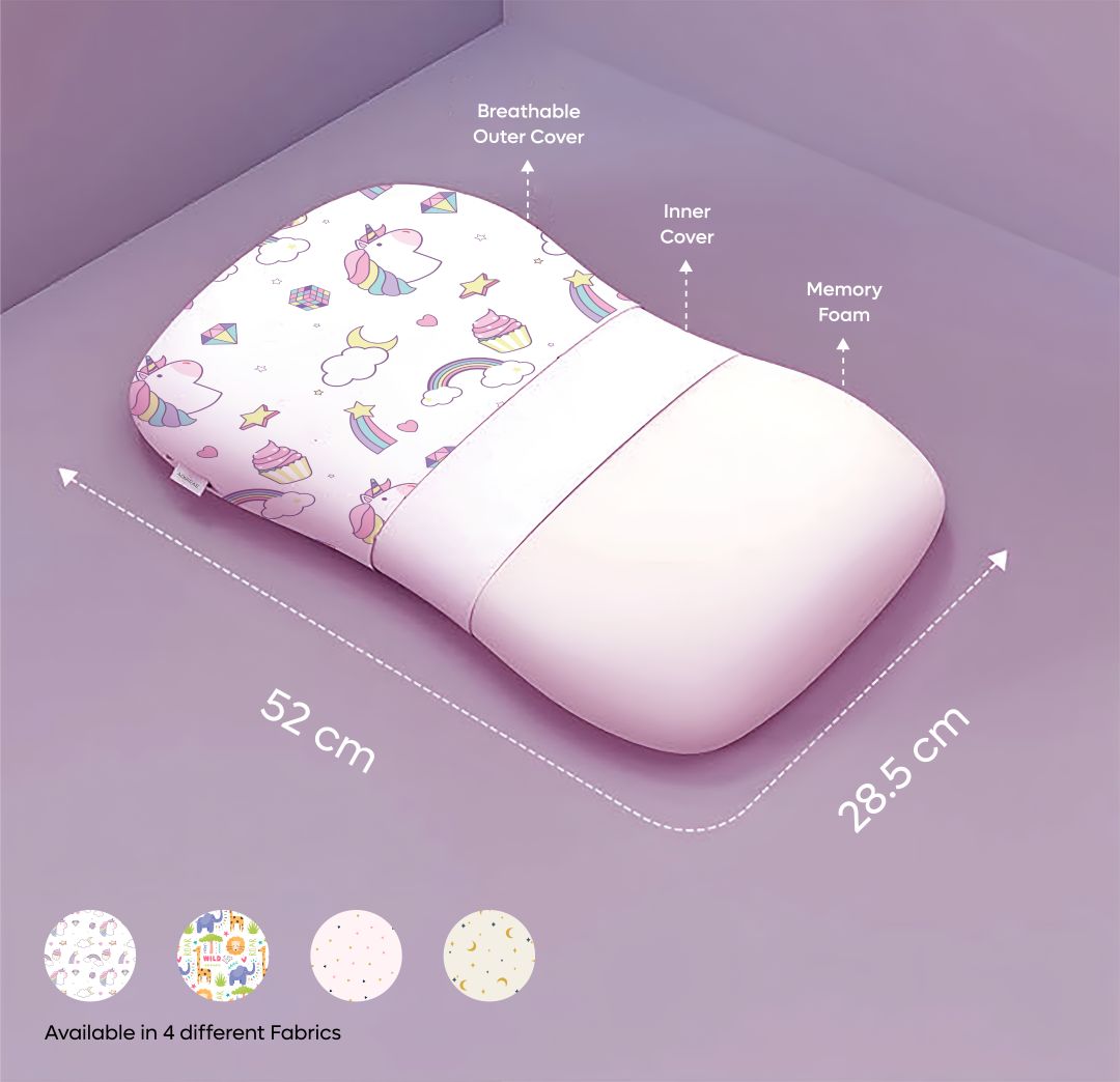 ADMIRAE memory foam baby pillow with breathable outer cover and inner cover in unicorn design
