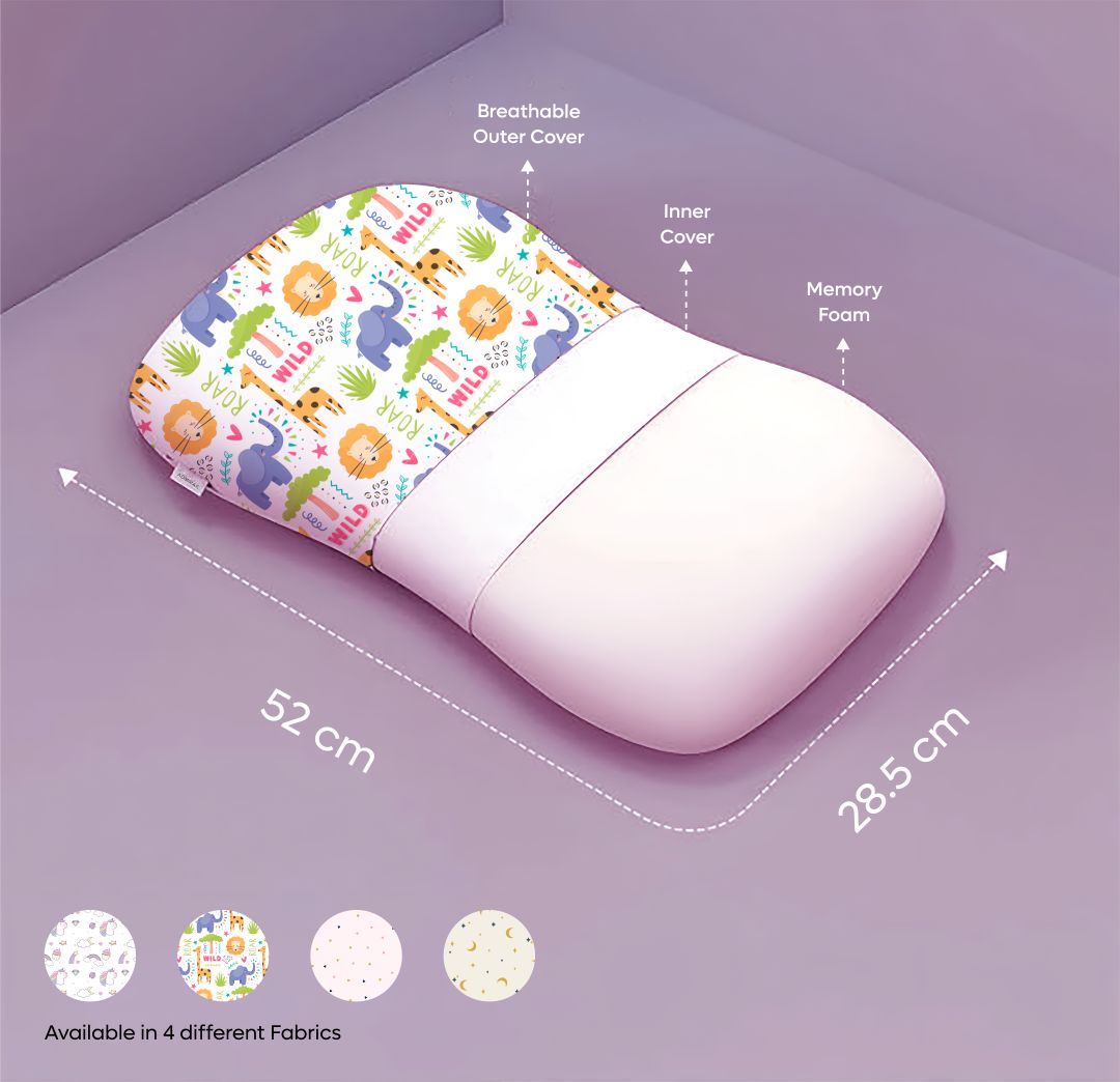 ADMIRAE memory foam baby pillow with breathable outer cover and inner cover, available in four fabric designs