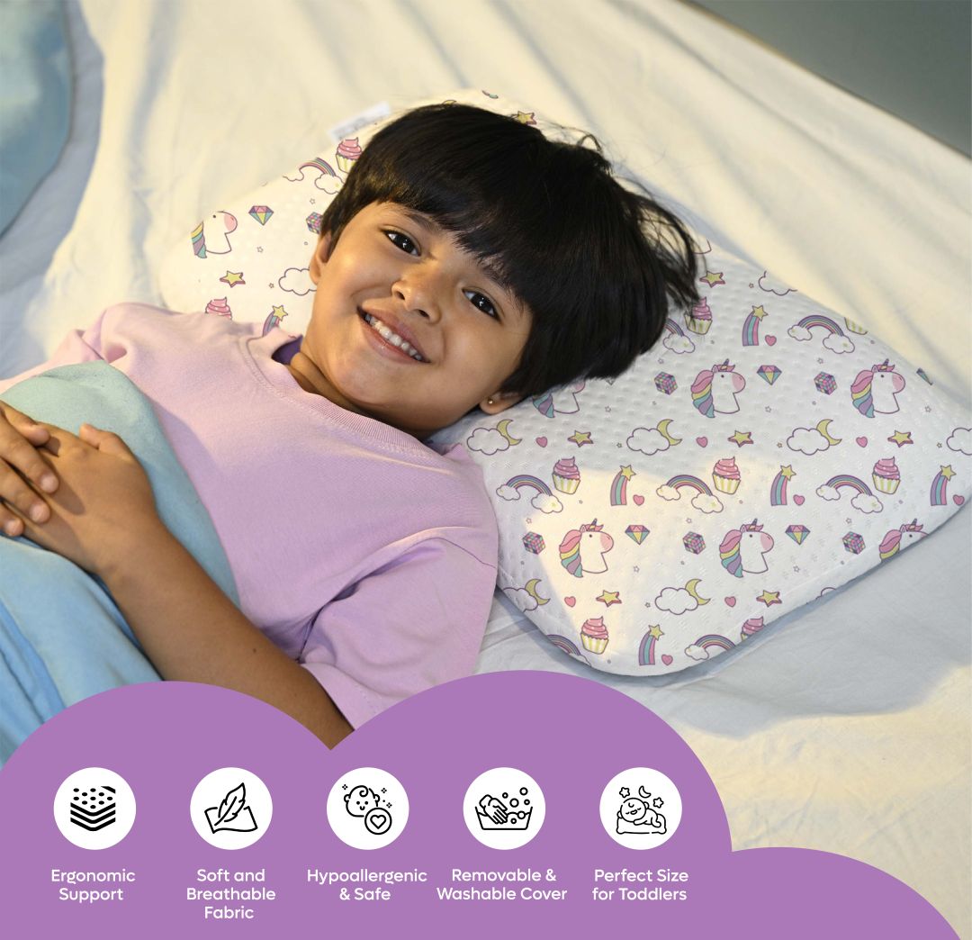 ADMIRAE memory foam baby pillow with unicorn design providing ergonomic support and breathable fabric