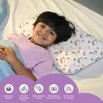 ADMIRAE memory foam baby pillow with unicorn design providing ergonomic support and breathable fabric