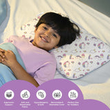 ADMIRAE memory foam baby pillow with unicorn design providing ergonomic support and breathable fabric