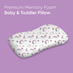 ADMIRAE memory foam baby pillow with unicorn and rainbow print on a purple background
