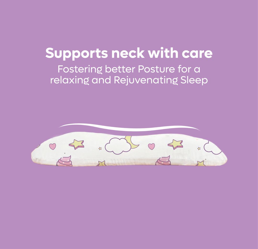 ADMIRAE memory foam baby pillow with pastel cloud and star pattern supports neck for better posture
