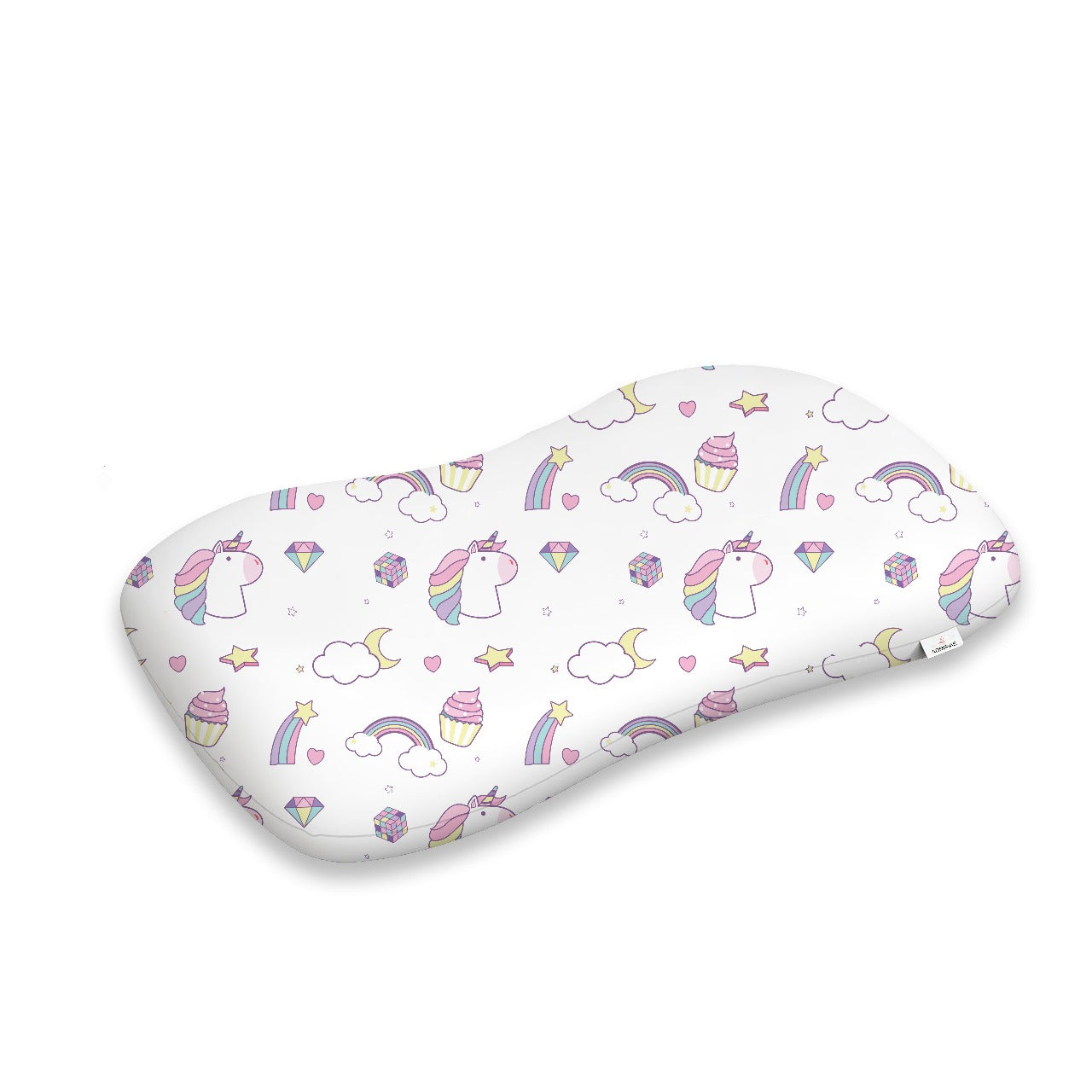 ADMIRAE memory foam baby pillow with white cover featuring colorful unicorns rainbows and stars