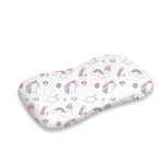 ADMIRAE memory foam baby pillow with white cover featuring colorful unicorns rainbows and stars