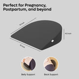 ADMIRAE memory foam pregnancy pillow in black showing 13 by 15 inch dimensions with belly and back support