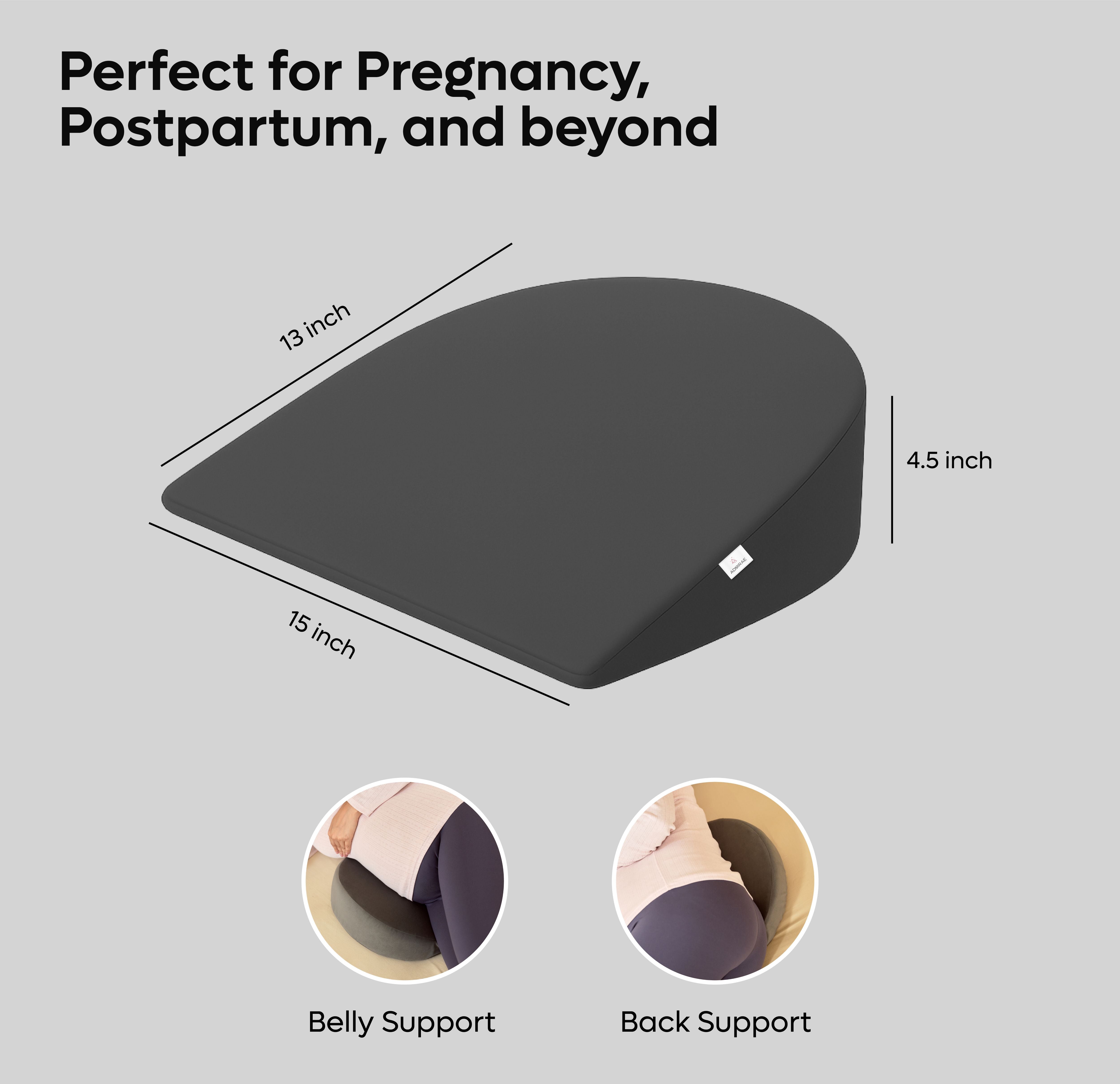 ADMIRAE memory foam pregnancy pillow in black showing 13 by 15 inch dimensions with belly and back support