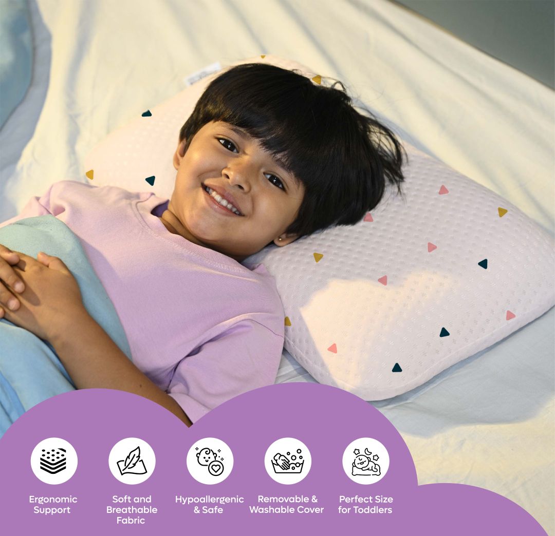 ADMIRAE memory foam toddler pillow with ergonomic support and soft breathable fabric shown with smiling child