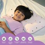 ADMIRAE memory foam toddler pillow with ergonomic support and soft breathable fabric shown with smiling child