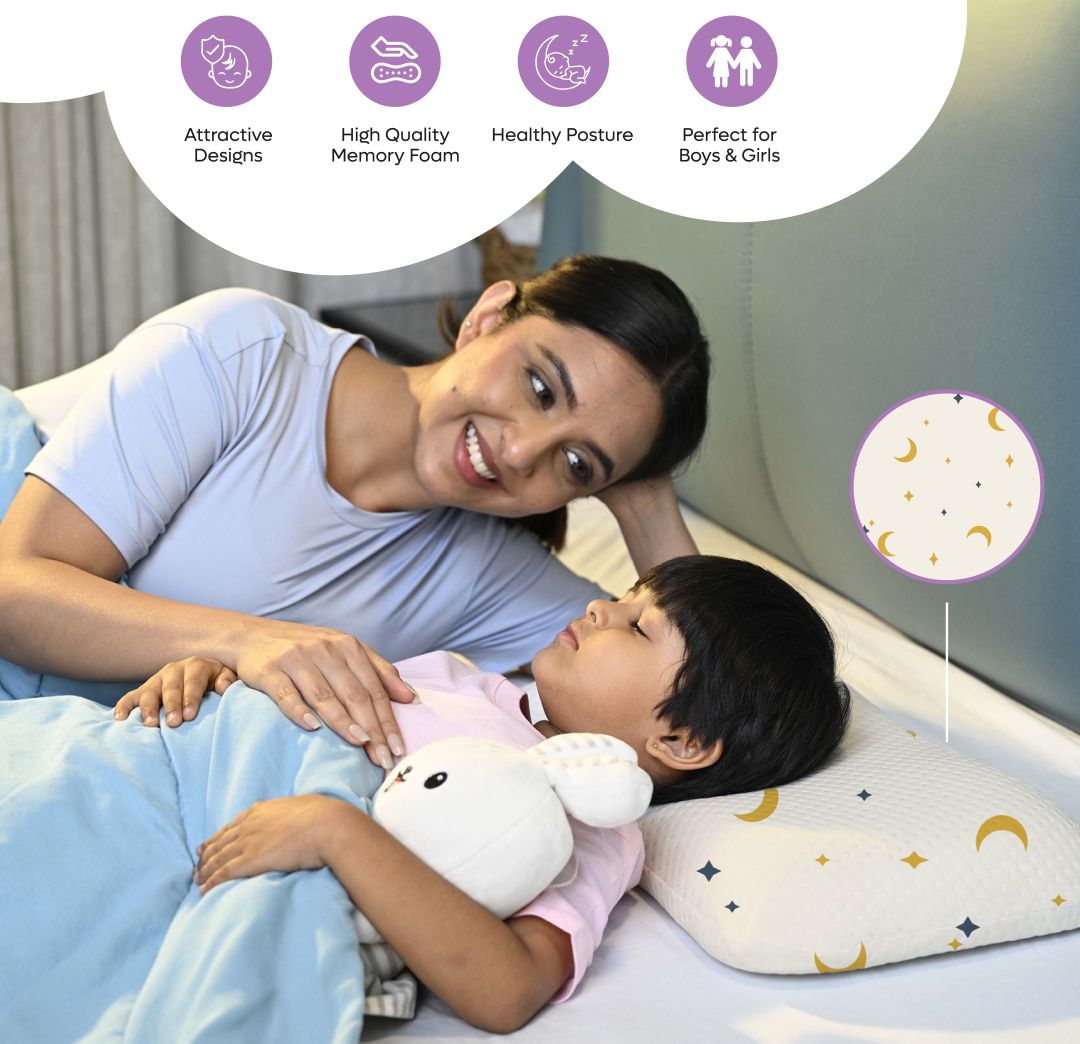 Memory Foam Toddler Pillow with moon and star pattern supporting healthy posture for boys and girls