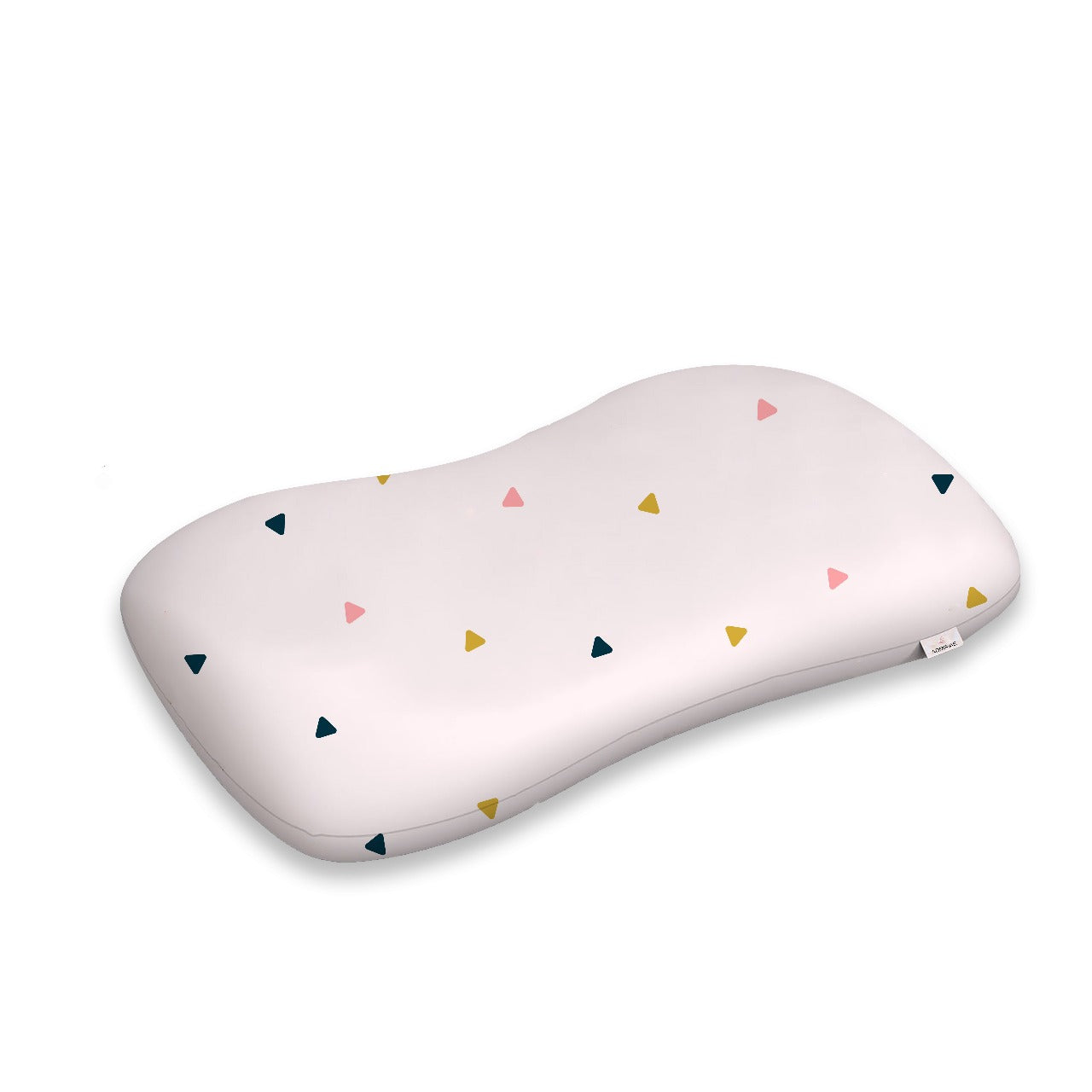 ADMIRAE memory foam toddler pillow with soft white cover and colorful small triangle pattern
