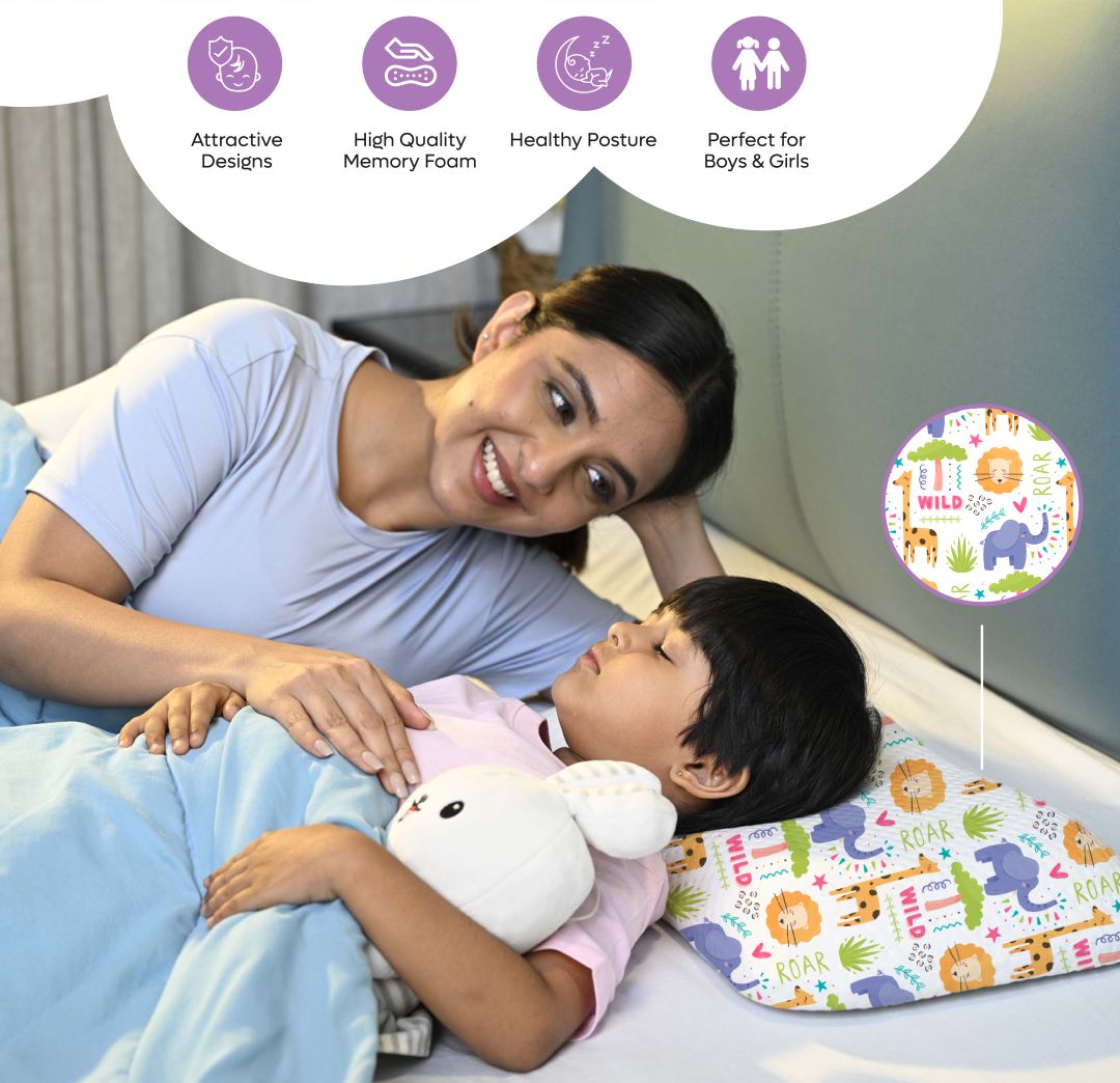 ADMIRAE memory foam baby pillow with colorful animal prints supporting healthy posture for boys and girls