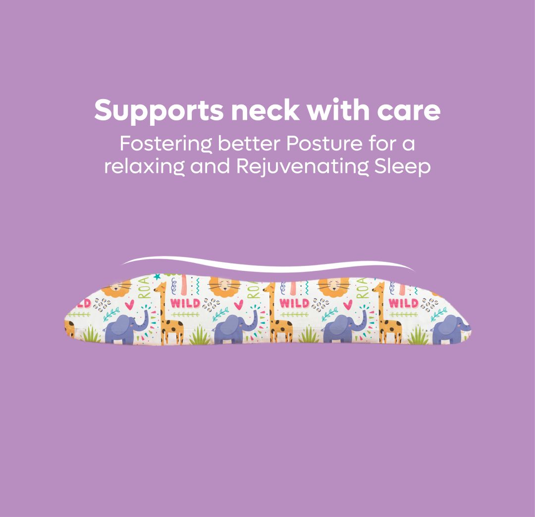 Memory foam baby pillow with colorful animal print designed to support neck and improve posture