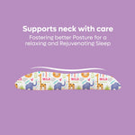 Memory foam baby pillow with colorful animal print designed to support neck and improve posture