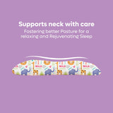 Memory foam baby pillow with colorful animal print designed to support neck and improve posture