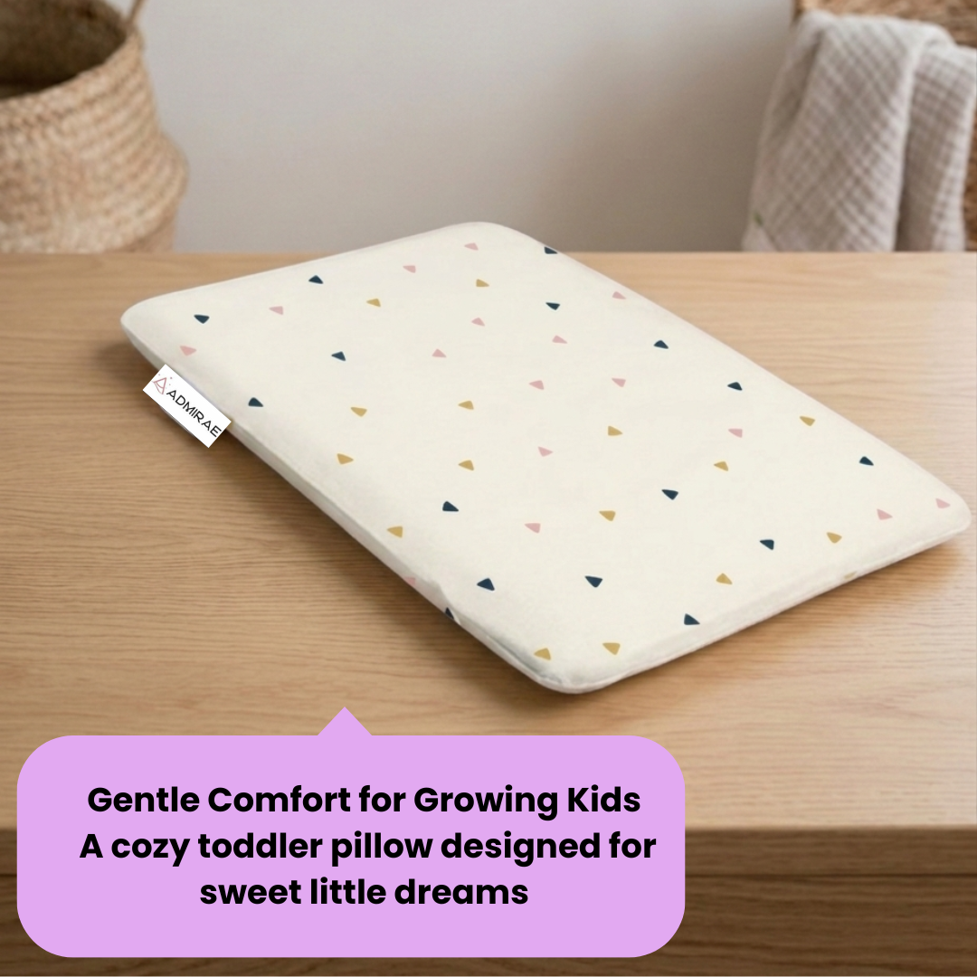 Admirae Premium Memory Foam Toddler Thin Pillow | Head, Neck & Back Support | Washable Removable Cover | Ideal for Sleeping, Reading & Resting | Age 2 to 9 Year | 20.5x11.5x2.5in | Triangle Print
