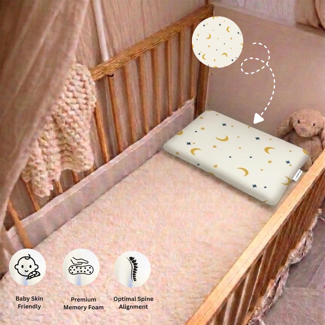 Admirae Premium Memory Foam Toddler Thin Pillow | Head, Neck & Back Support | Washable Removable Cover | Ideal for Sleeping, Reading & Resting | Age 2 to 9 Year | 20.5x11.5x2.5in | Moon and Star Print