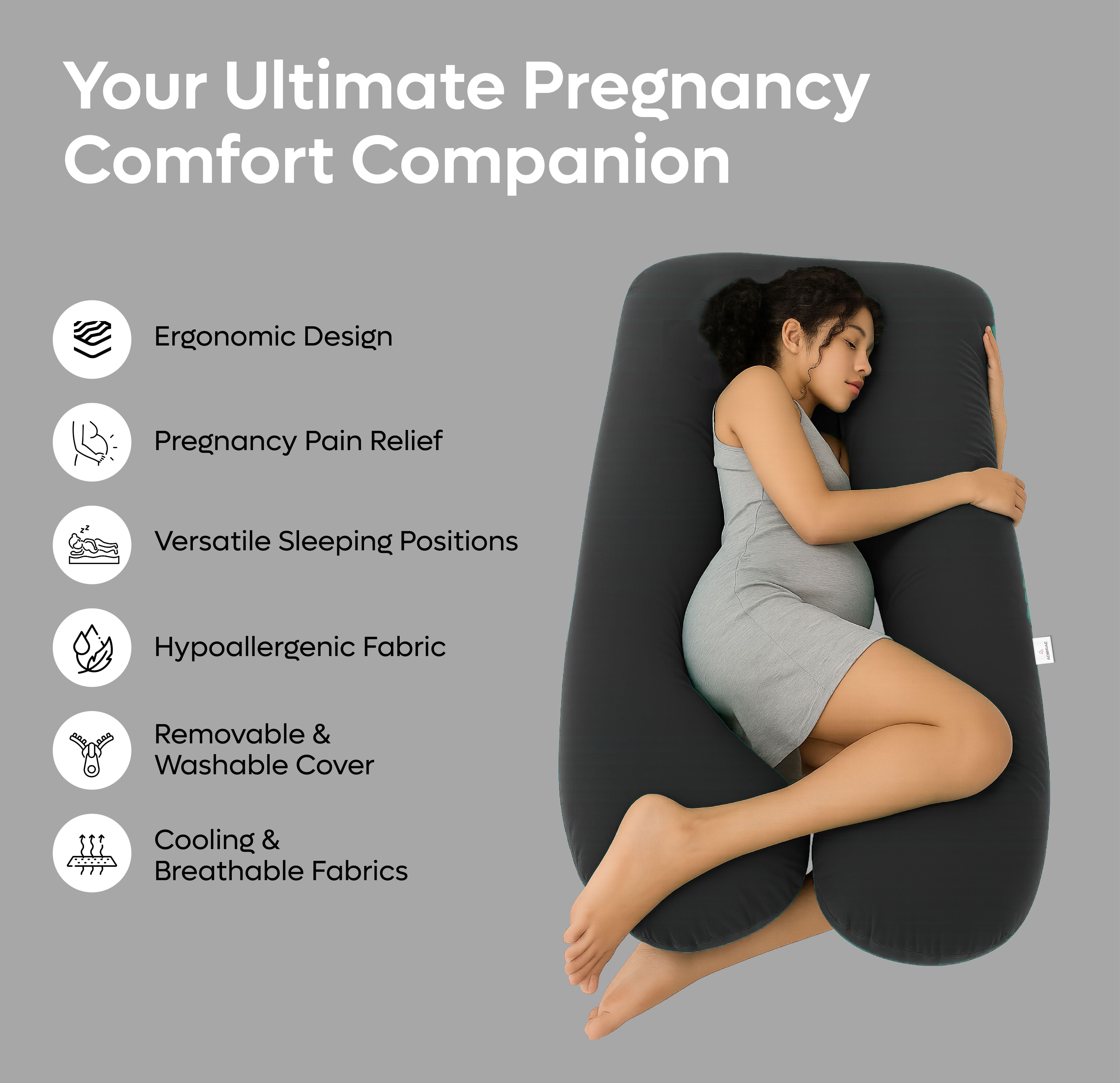 ADMIRAE U shape pregnancy pillow in black with ergonomic design providing pregnancy pain relief and versatile sleeping positions