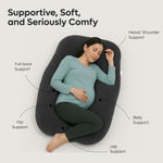 ADMIRAE U shape pregnancy pillow providing head, shoulder, belly, hip, leg, and full back support for maternity comfort