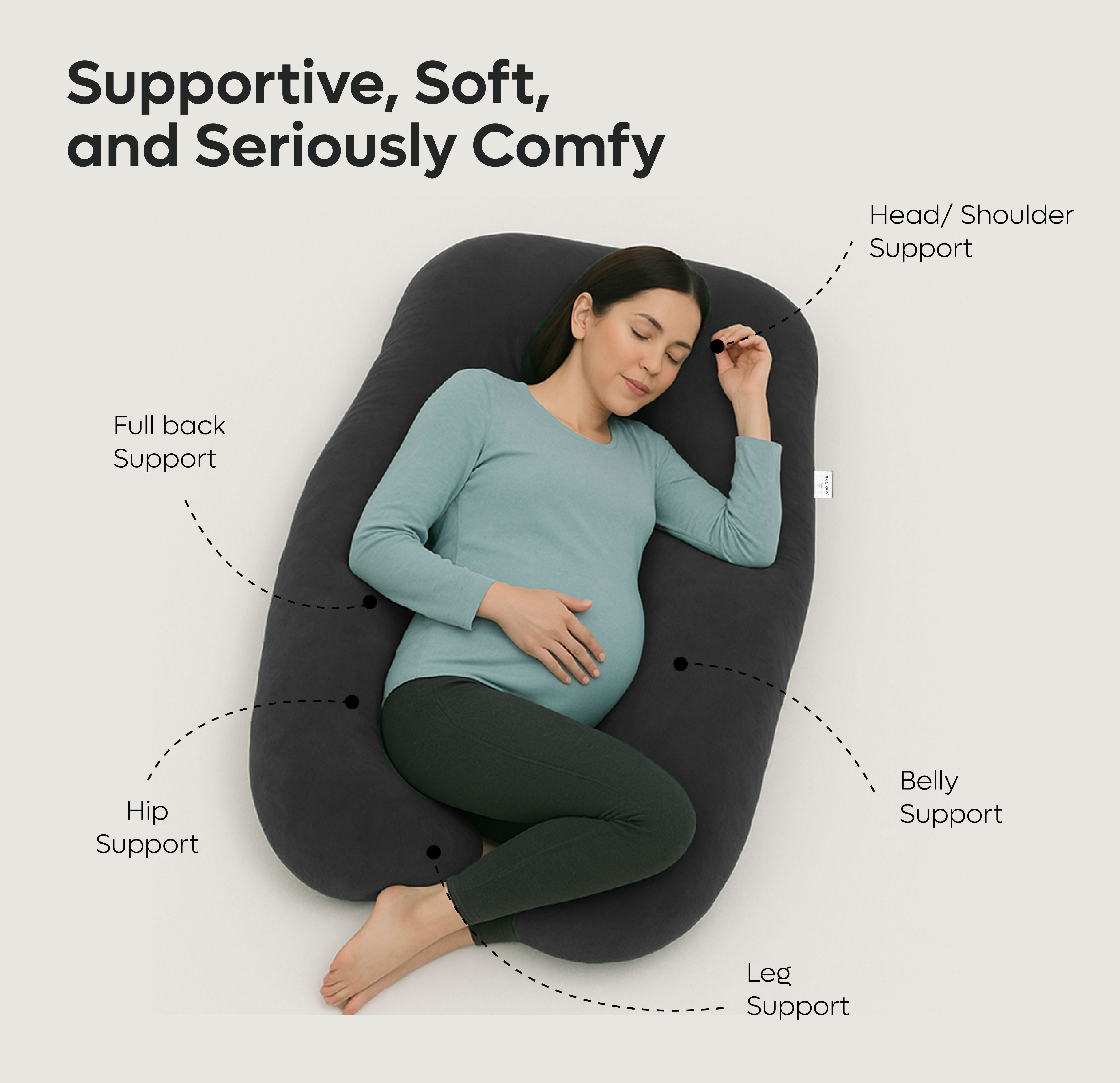 ADMIRAE U shape pregnancy pillow providing head, shoulder, belly, hip, leg, and full back support for maternity comfort