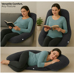 ADMIRAE U shape pregnancy pillow in dark gray shown supporting a pregnant woman sitting and lying down