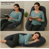 ADMIRAE U shape pregnancy pillow in dark gray shown supporting a pregnant woman sitting and lying down