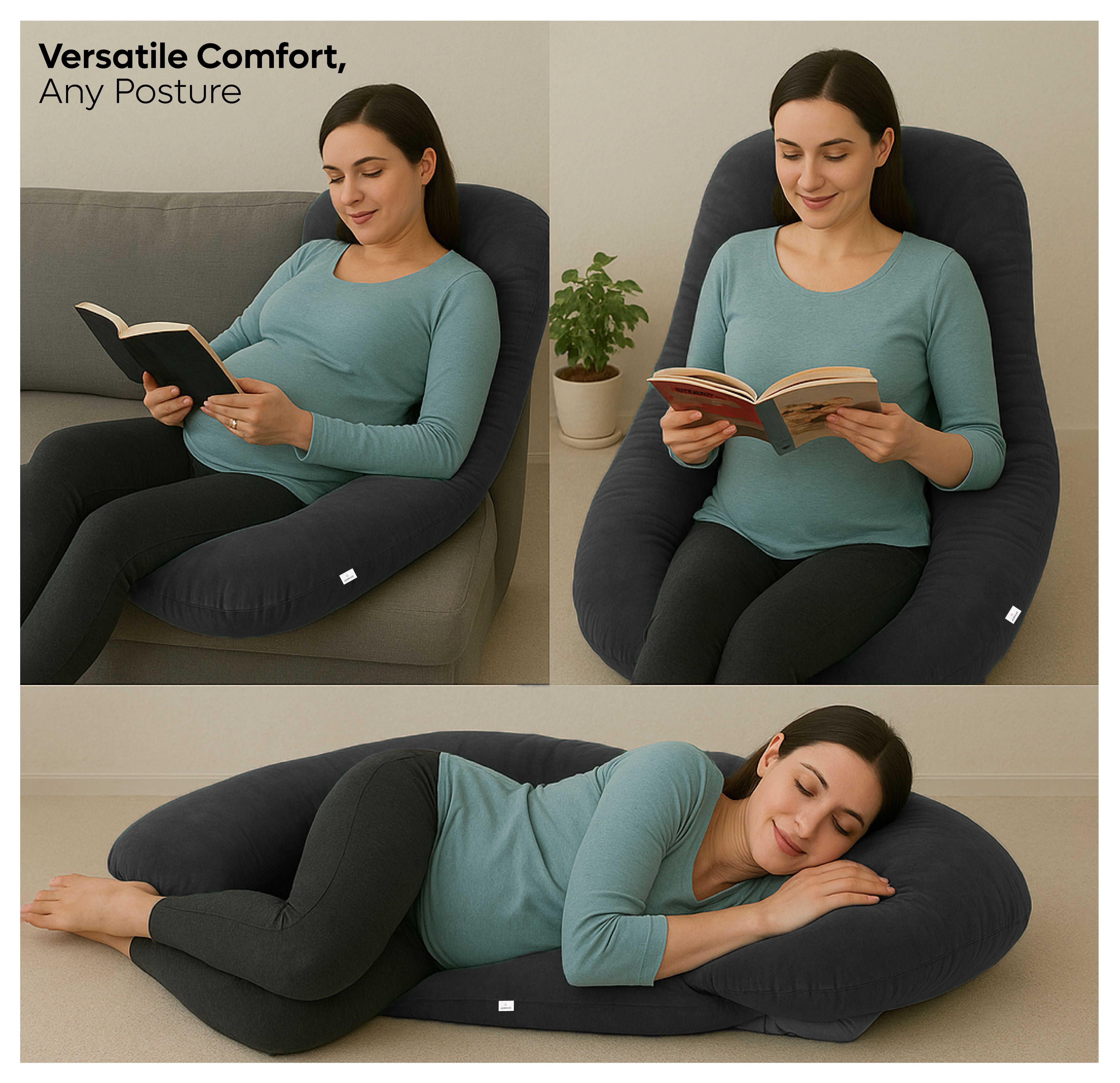 ADMIRAE U shape pregnancy pillow in dark gray shown supporting a pregnant woman sitting and lying down